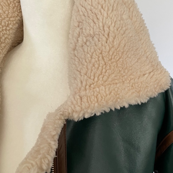 Bida Faux Shearling/Leather Green & Brown Bomber Jacket. Size M - Picture 6 of 16